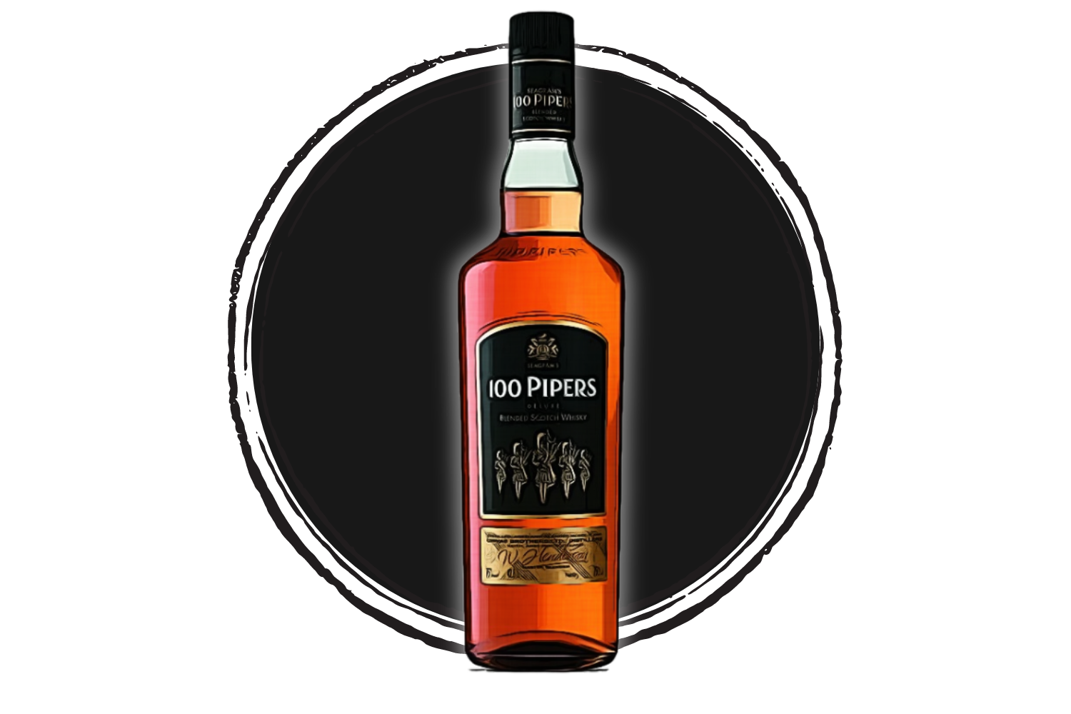 Bottle of 100 Pipers Blended Scotch Whisky.