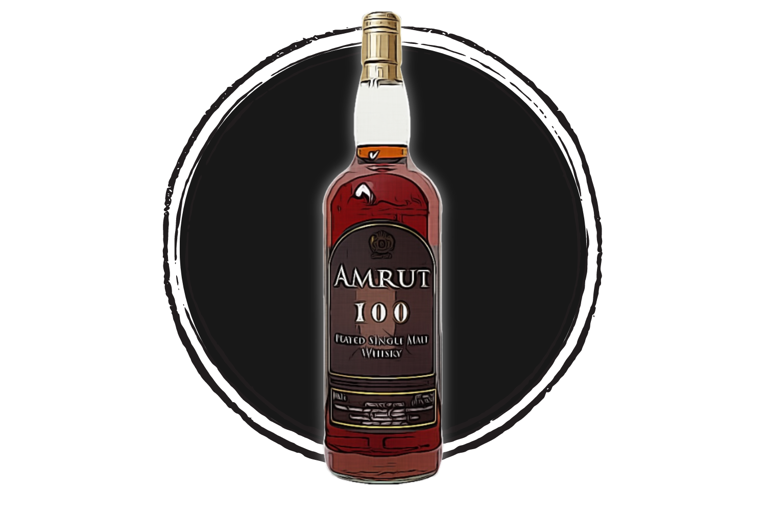 Bottle of Amrut 100 single malt whisky.