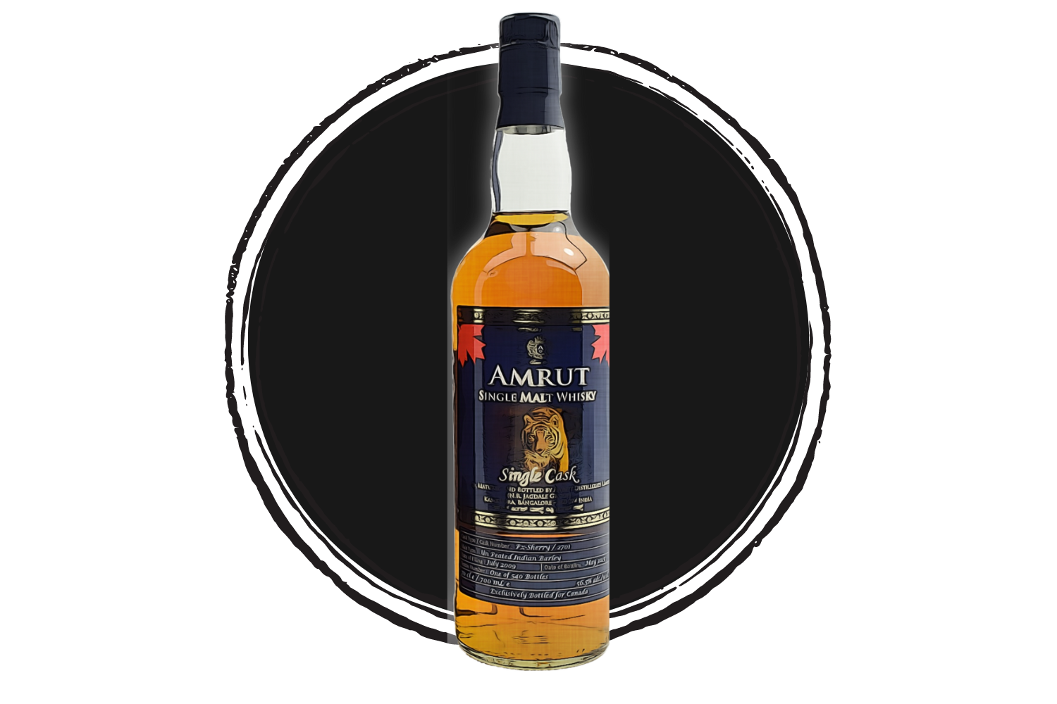 Amrut single malt whisky bottle.