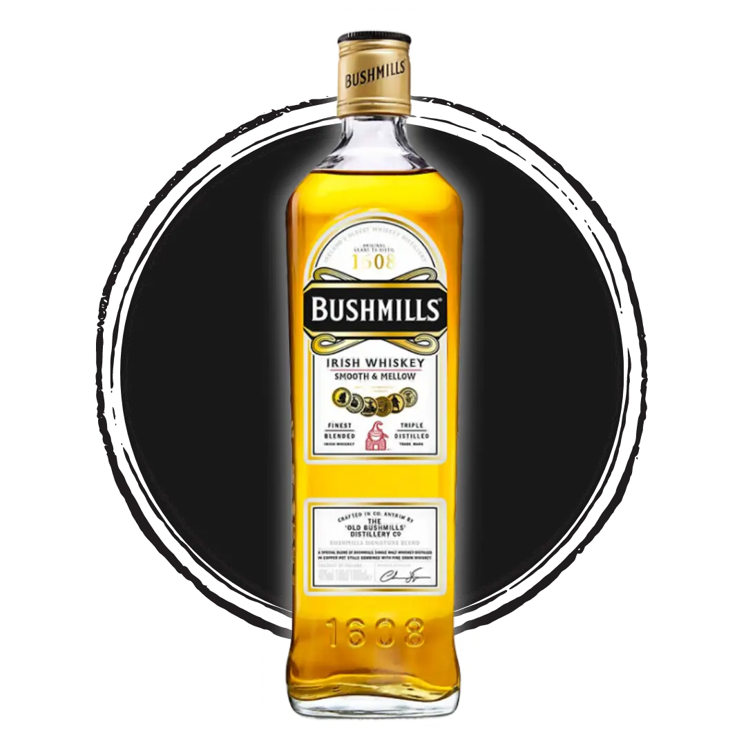 Bushmills Irish Whiskey bottle on dark background