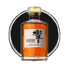 Hibiki Suntory Japanese whisky bottle on white background.