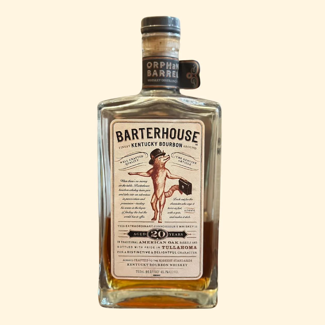 Barterhouse Kentucky Bourbon whiskey bottle, aged 20 years.