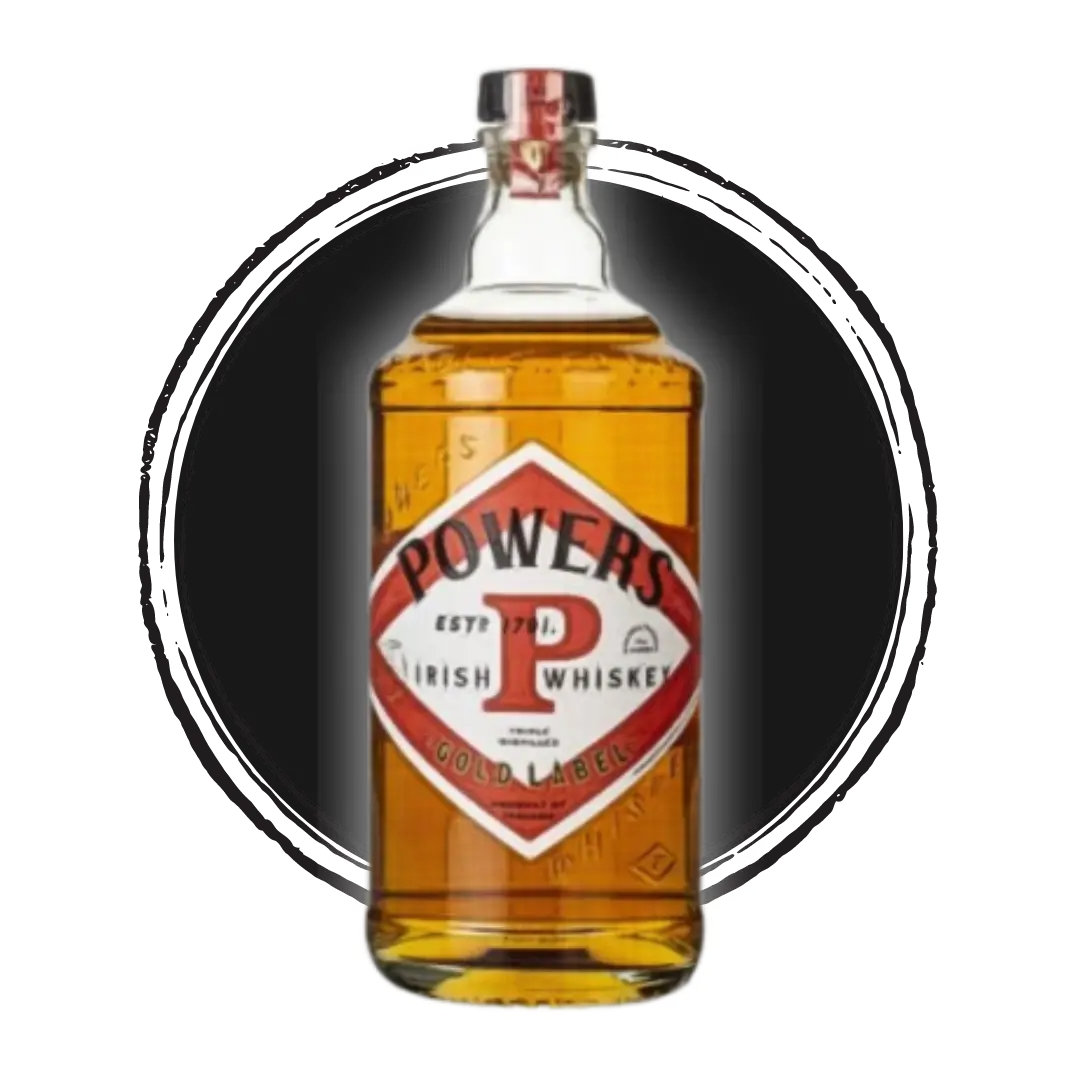 Powers Gold Label Irish whiskey bottle.