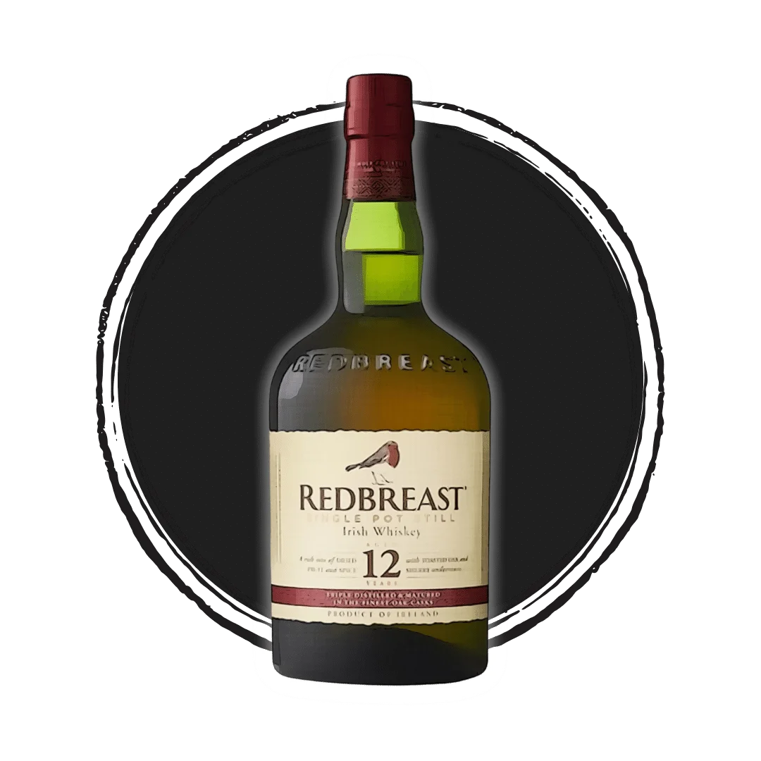 Redbreast 12 Irish Whiskey bottle on black background.