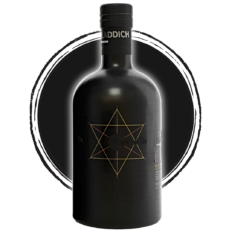 Black Bruichladdich whisky bottle with geometric design.