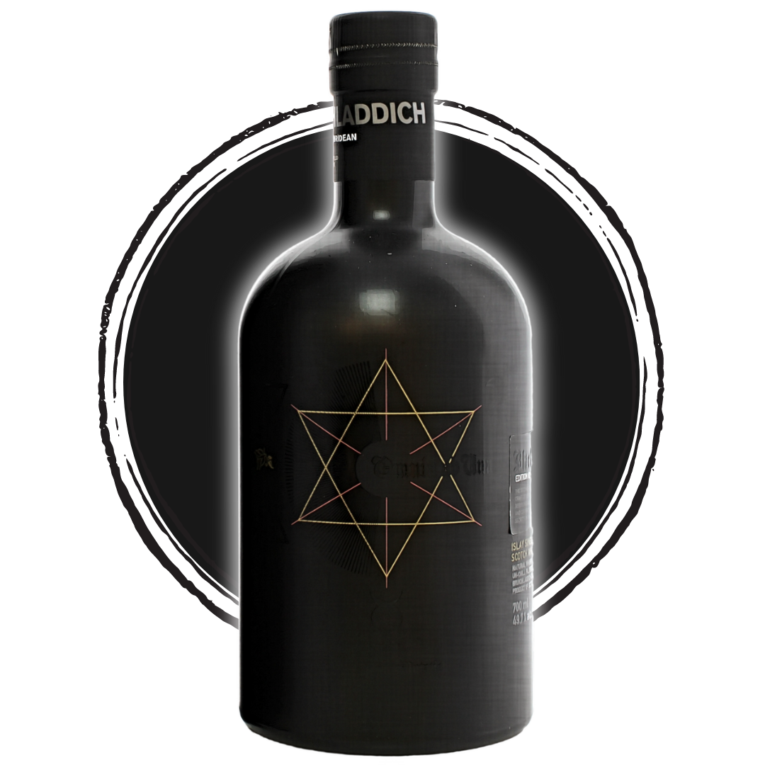 Black Bruichladdich whisky bottle with geometric design.