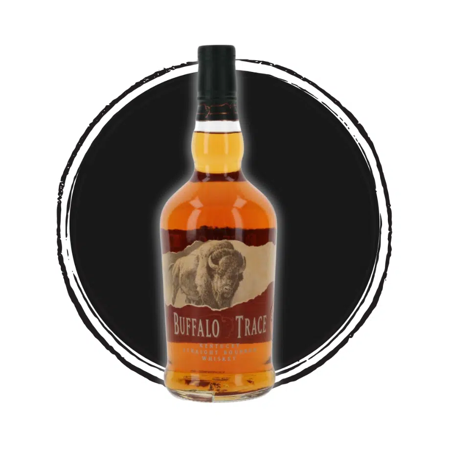 Buffalo Trace bourbon whiskey bottle on black circle background.