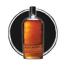 Bulleit Bourbon whiskey bottle on circular background.