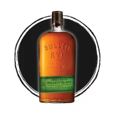 Bulleit Rye Whiskey bottle with dark circle background.