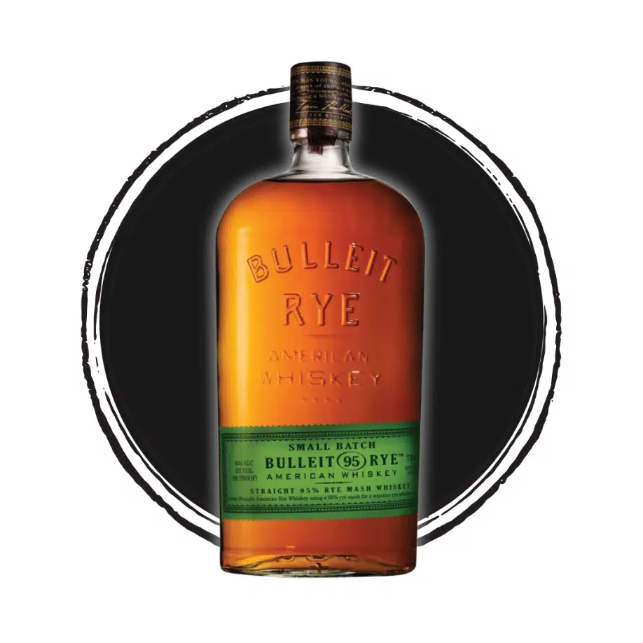 Bulleit Rye Whiskey bottle with dark circle background.