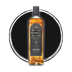 Bushmills 21-year single malt Irish whiskey bottle.