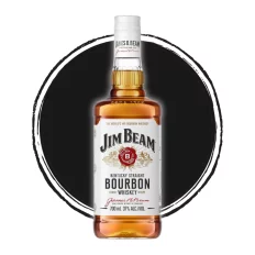 Jim Beam bourbon bottle on black circle background.