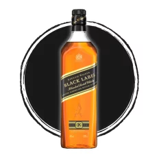 Black label whisky bottle on black circular background.