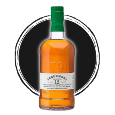 Tobermory 12-year single malt scotch whisky bottle.