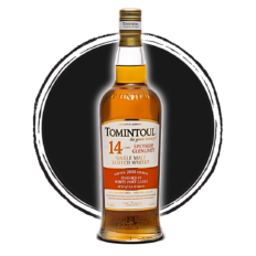 Tomintoul 14 year old single malt scotch whisky bottle.