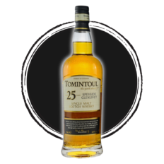 Tomintoul 25 year old single malt whisky bottle.