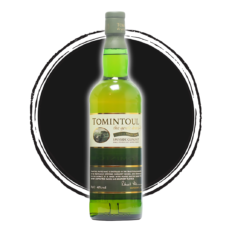 Tomintoul whisky bottle on black circular background.