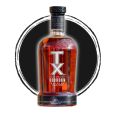 TX Bourbon Whiskey bottle with black circular background.