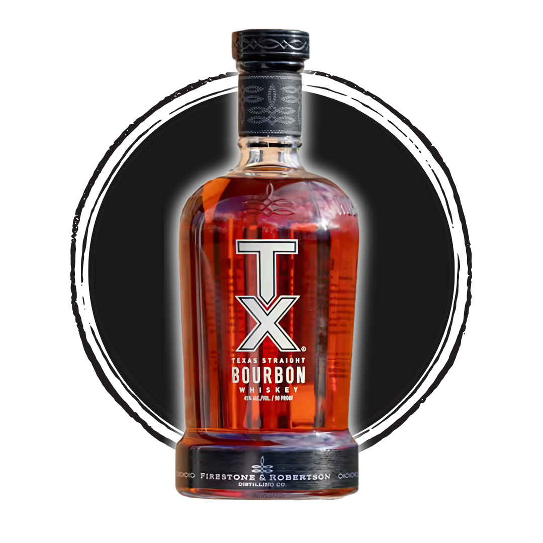 TX Bourbon Whiskey bottle with black circular background.