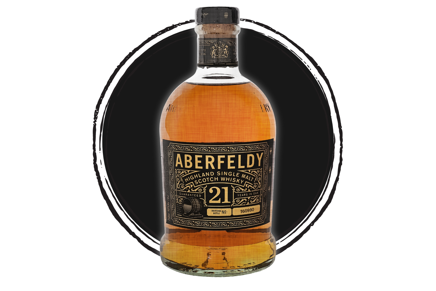 Aberfeldy 21-year-old single malt scotch whisky bottle.