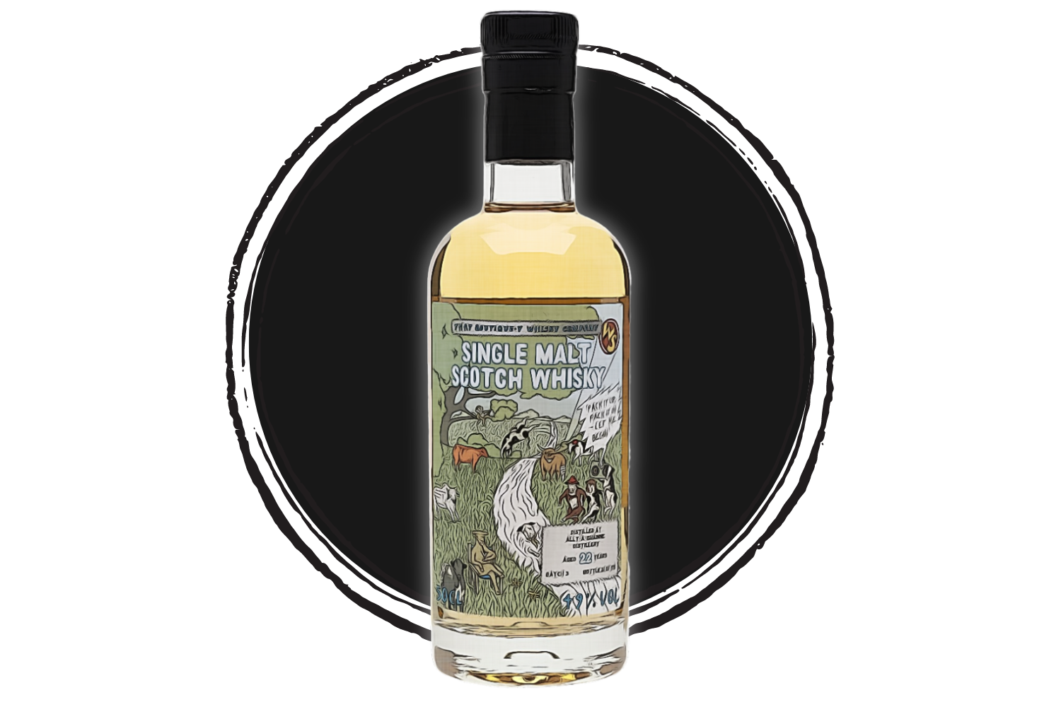 Single malt scotch whisky bottle with illustrated label.