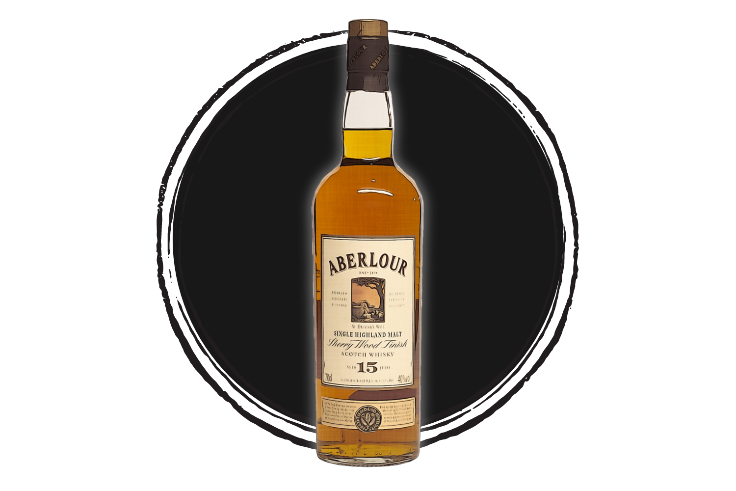 Aberlour 15-year-old single malt Scotch whisky bottle.