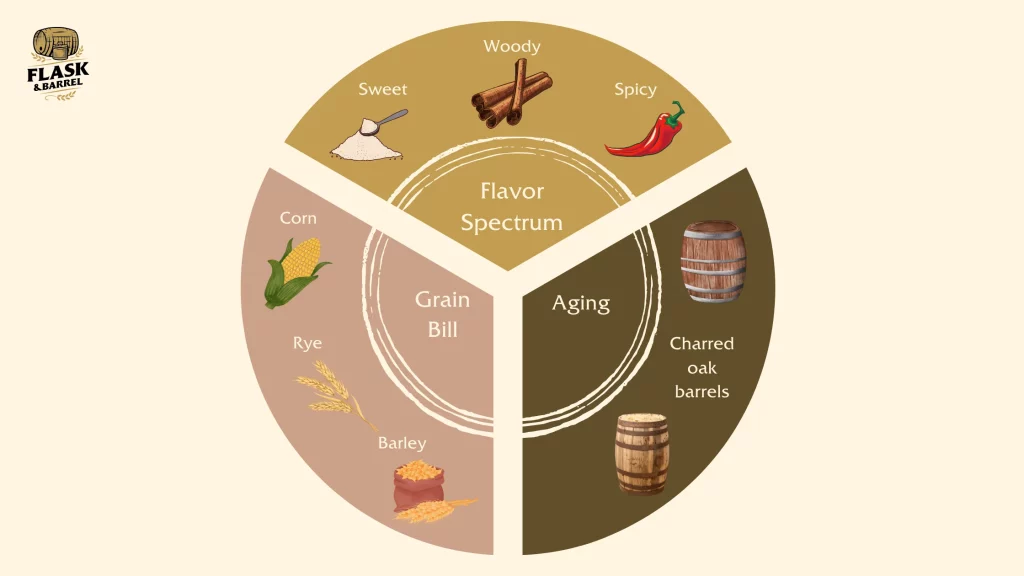 Whiskey flavor profile chart with ingredients and aging process.