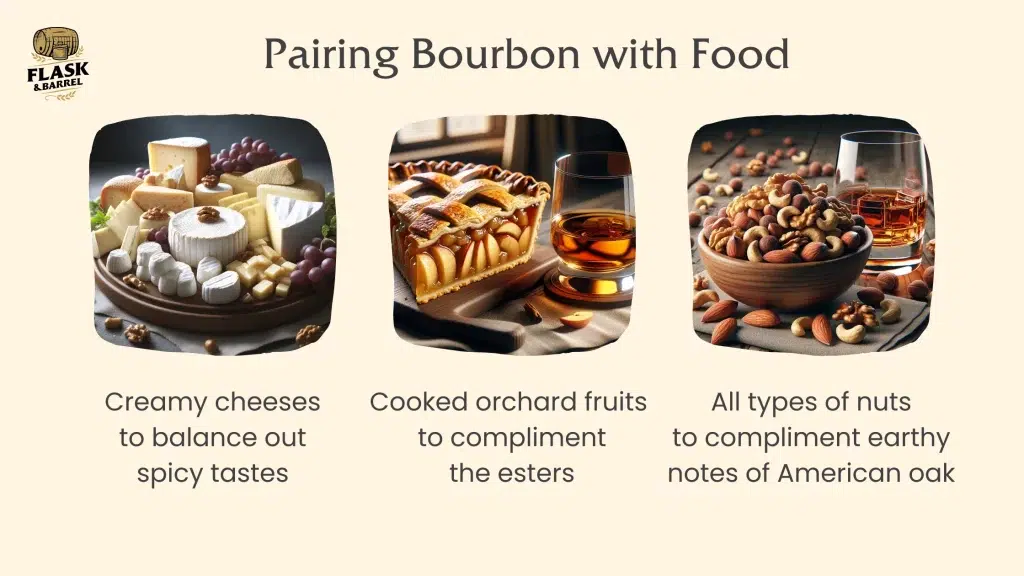Bourbon pairing with cheeses, fruit pie, and mixed nuts.