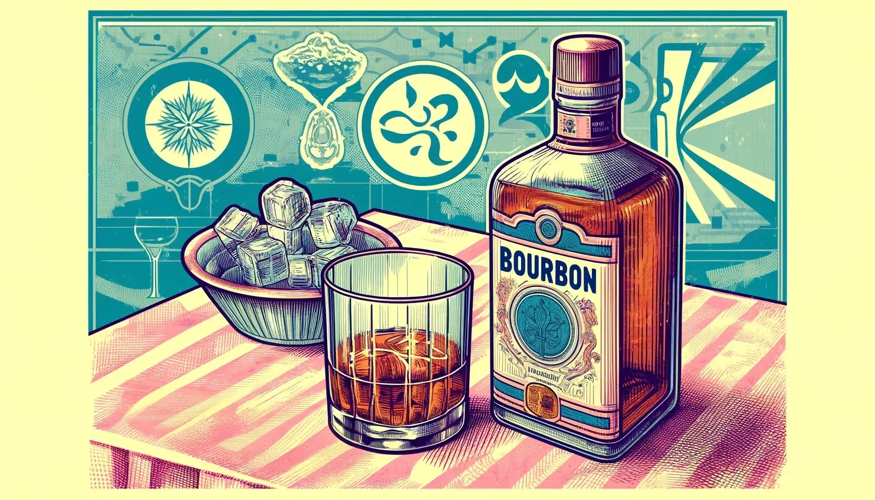 Vintage illustration of bourbon, glass, and ice cubes.