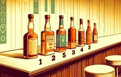 Colorful illustration of liquor bottles on bar counter.