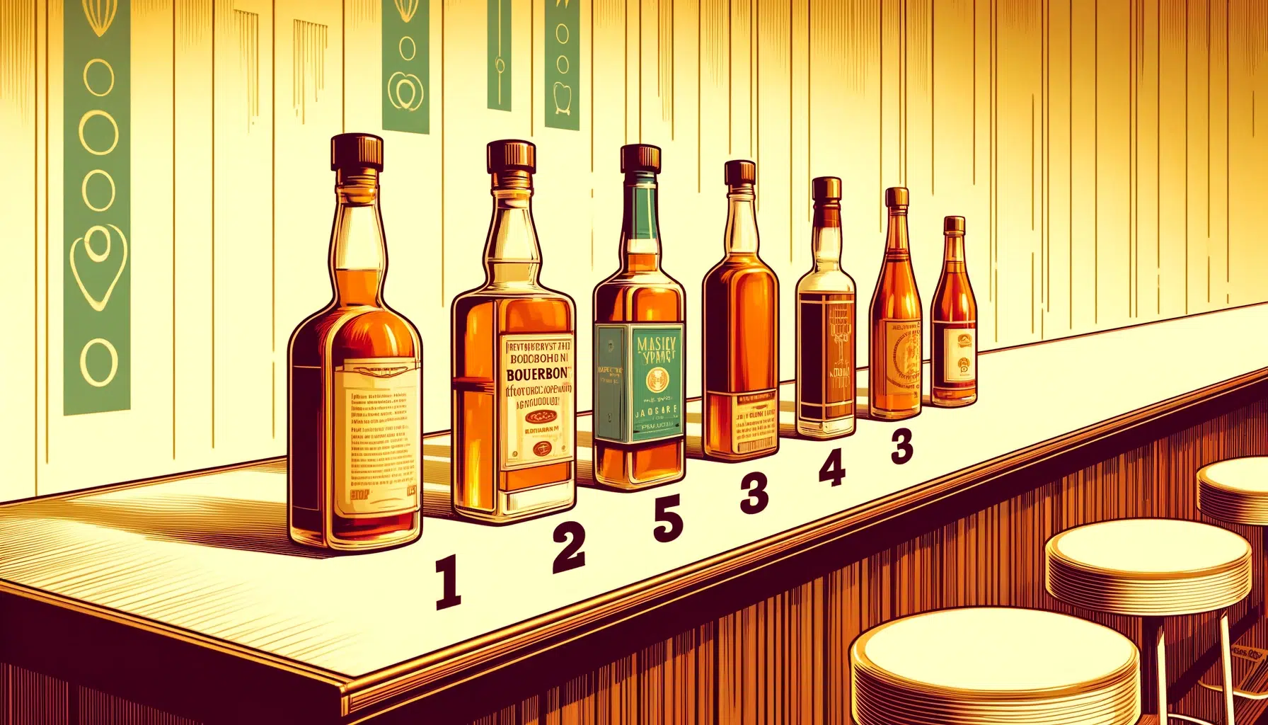 Colorful illustration of liquor bottles on bar counter.