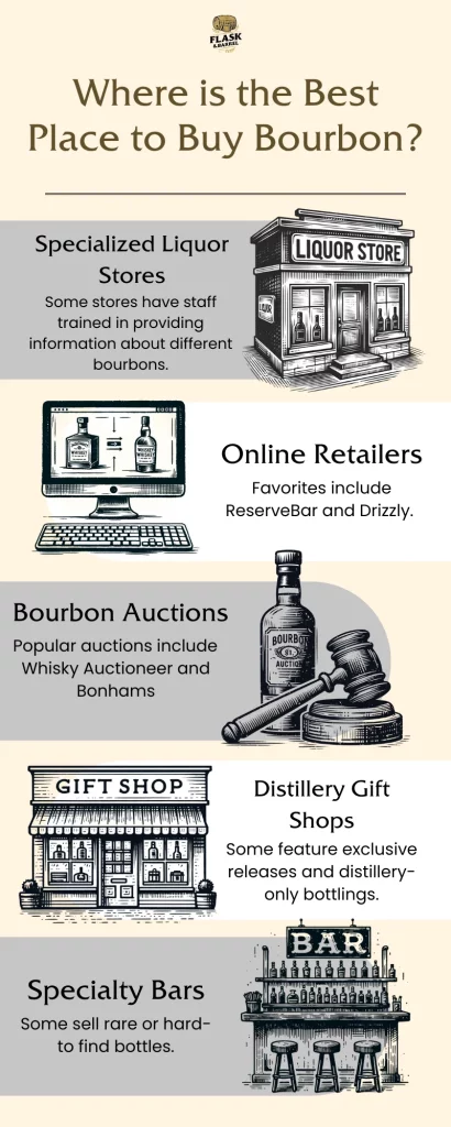 Guide to buying bourbon: stores, online, auctions, gifts, bars.