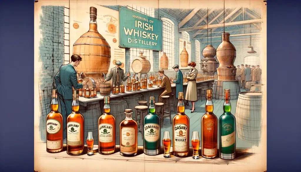 Vintage Irish whiskey distillery illustration with bottles and workers.