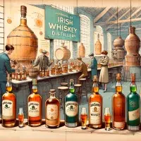 Vintage Irish whiskey distillery illustration with bottles and workers.