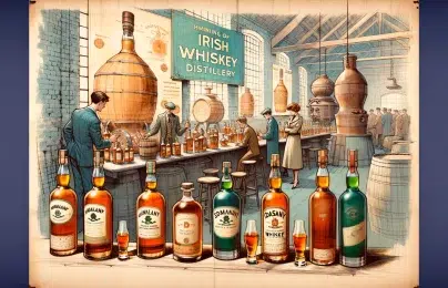 Vintage Irish whiskey distillery illustration with bottles and workers.