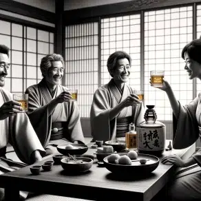 Realistic black and white image of a group of Japanese people drinking Japanese whisky.