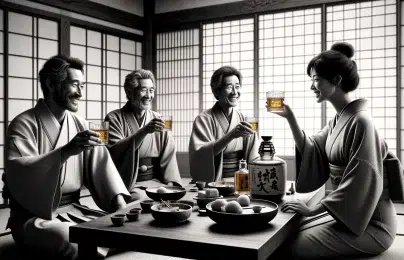Realistic black and white image of a group of Japanese people drinking Japanese whisky.