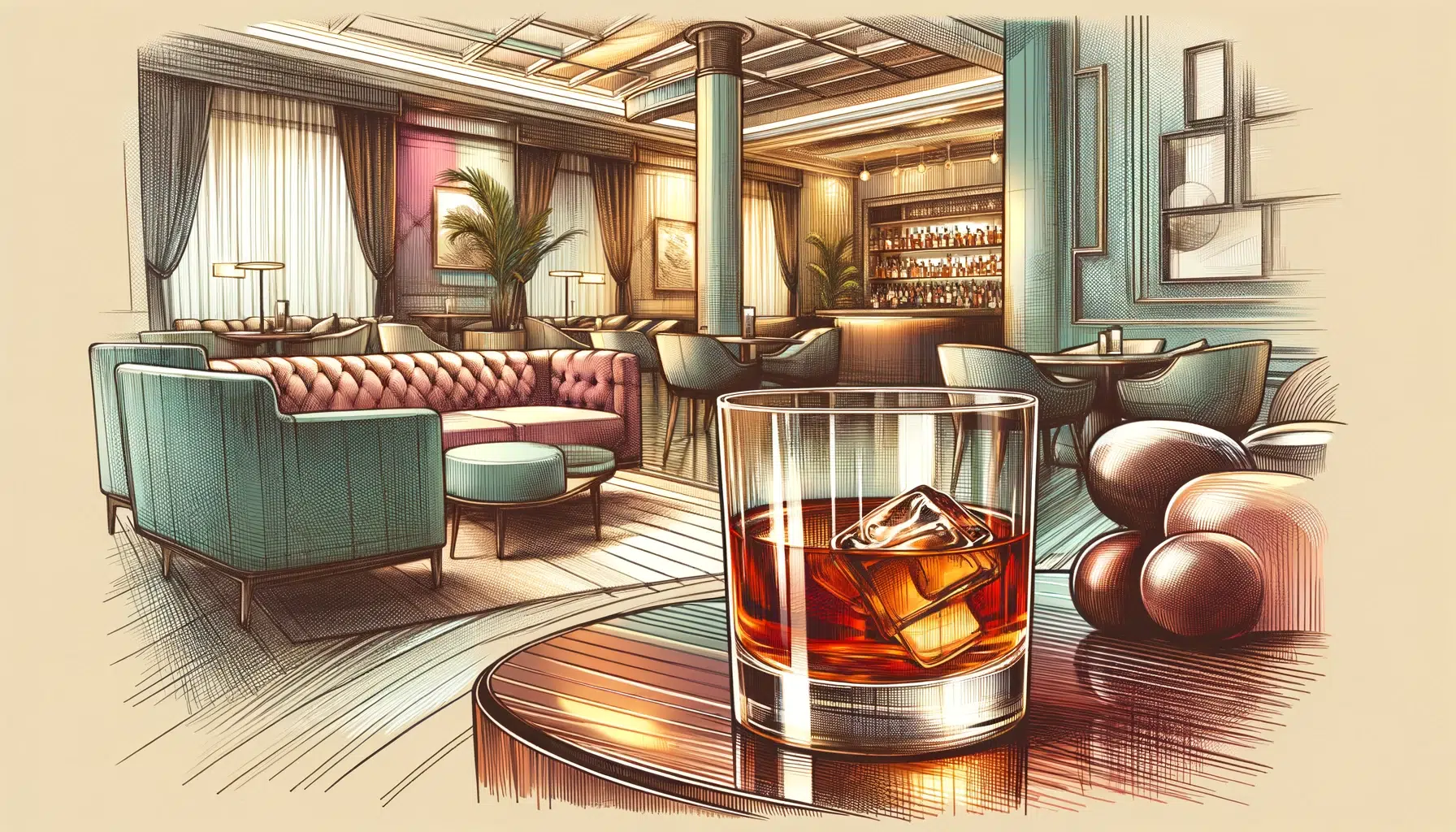 Illustration of a stylish bar interior with whiskey glass.