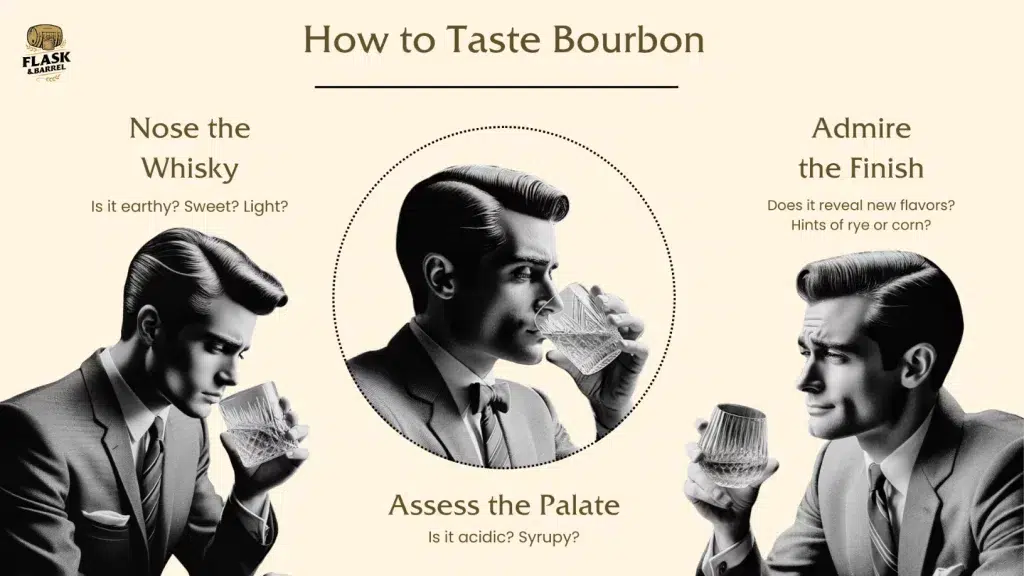 Guide on savoring bourbon steps illustrated.