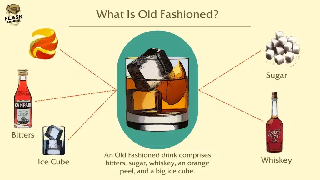 Old Fashioned cocktail recipe ingredients infographic.