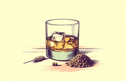 Whiskey glass with ice, barley, and malt illustration.