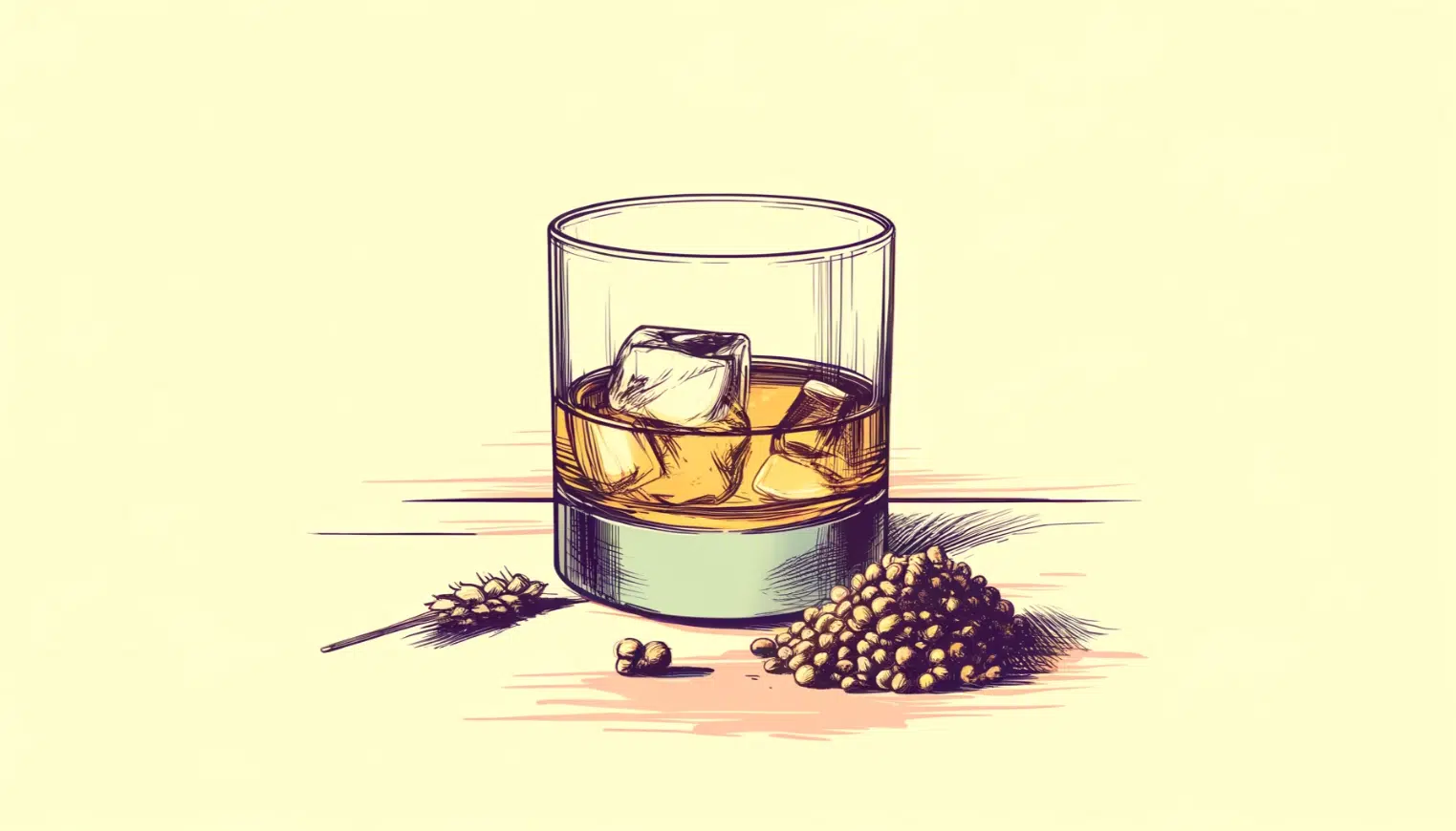 Whiskey glass with ice, barley, and malt illustration.