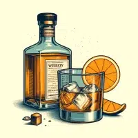 Whiskey bottle, glass with ice, orange slice illustration.