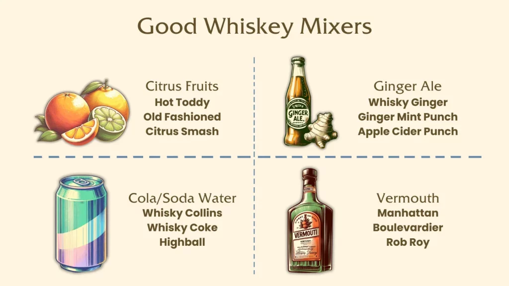 Infographic on popular whiskey mixers and cocktail recipes.