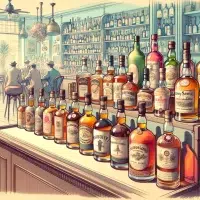 Vintage bar scene with patrons and array of bottles.