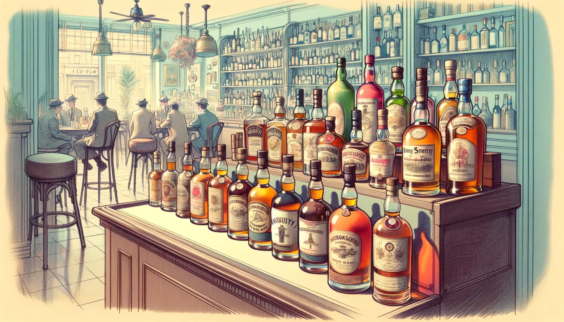 Vintage bar scene with patrons and array of bottles.