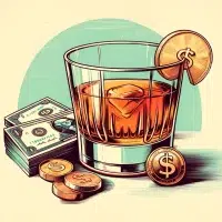 Illustration of whiskey glass with money and coins