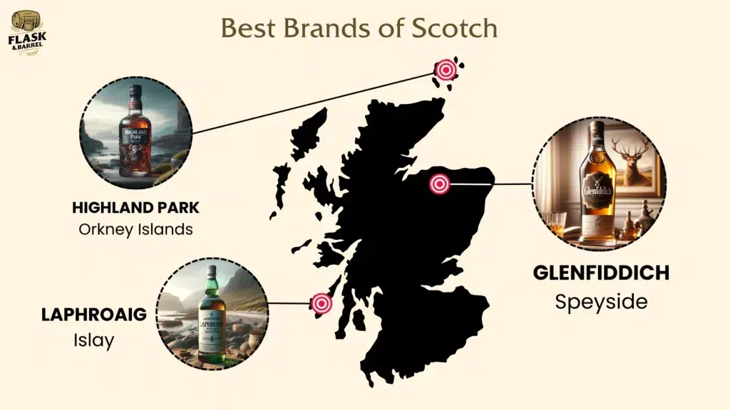 Map of Scotland highlighting top Scotch whisky brands.