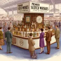 Vintage Scotch whisky fair illustration with attendees.