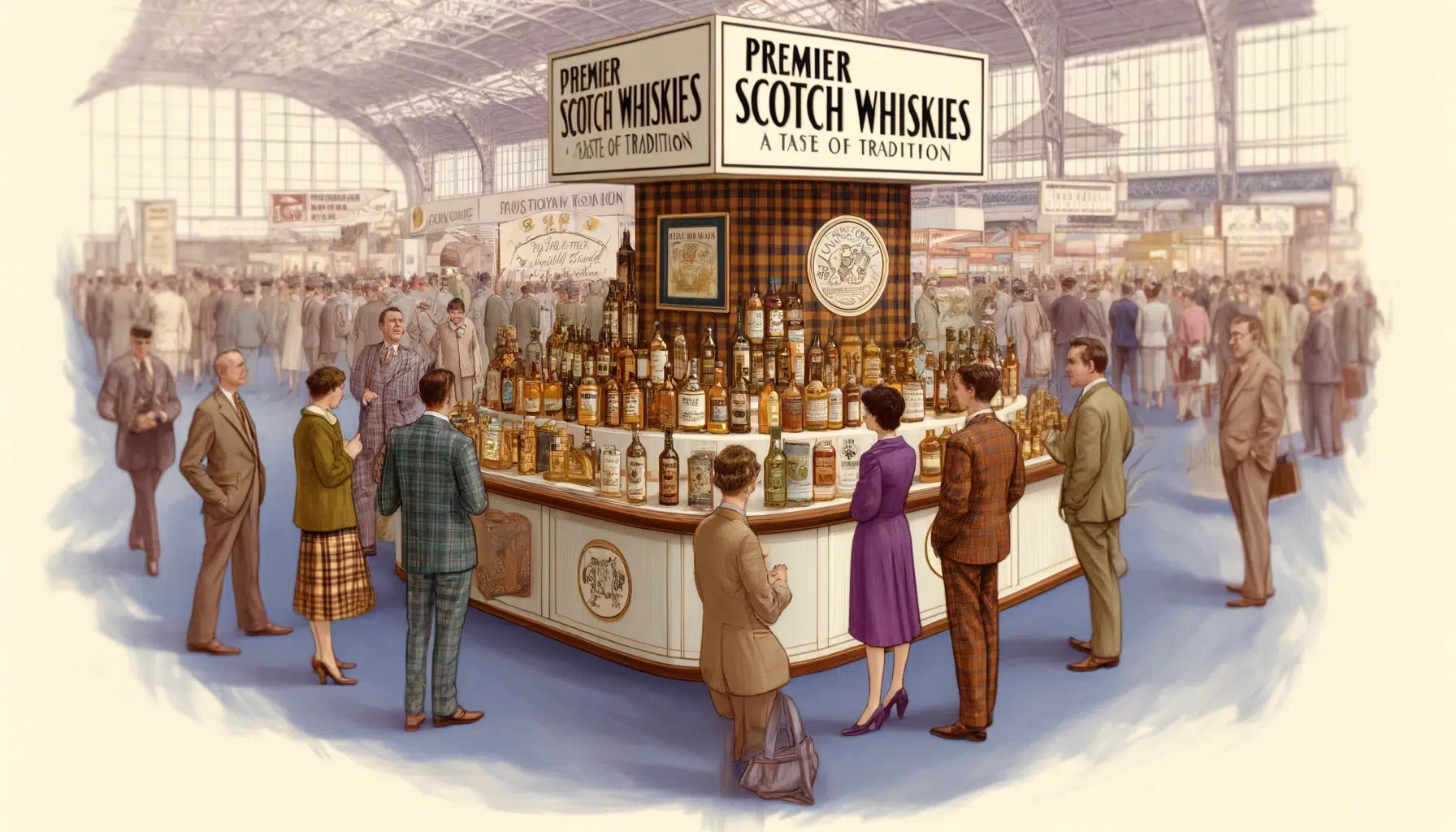 Vintage Scotch whisky fair illustration with attendees.